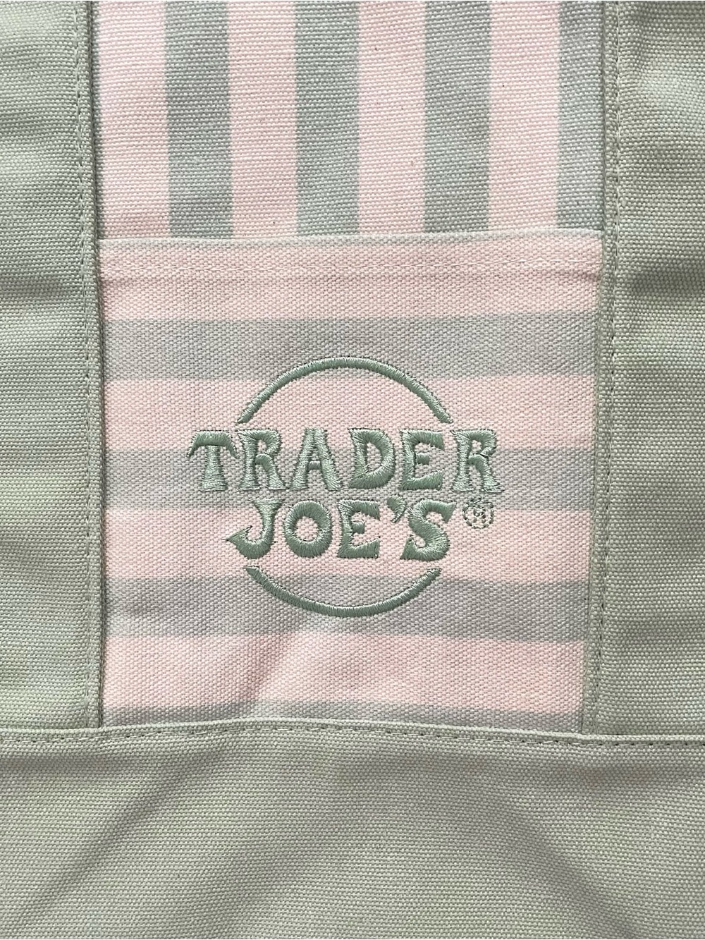 Trader Joe's Striped Mini Canvas Tote Pastel Green and Tan - Picture 3 of 6